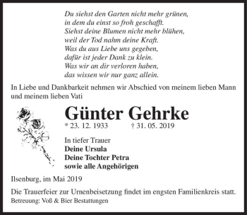 Traueranzeige von Günter Gehrke  von Magdeburger Volksstimme