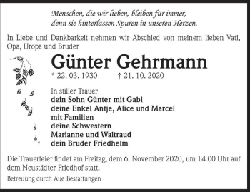 Traueranzeige von Günter Gehrmann  von Magdeburger Volksstimme