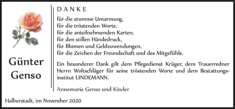  Traueranzeige für Günter Genso  vom 05.12.2020 aus Magdeburger Volksstimme