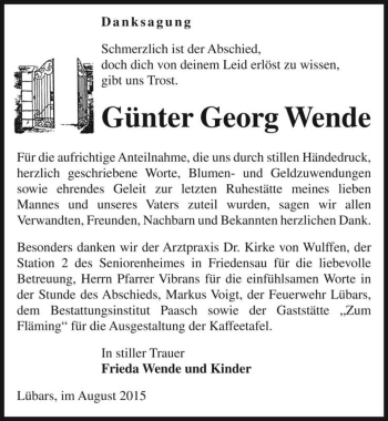 Traueranzeige von Günter Georg Wende  von Magdeburger Volksstimme