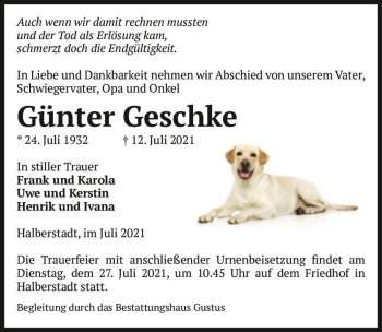 Traueranzeige von Günter Geschke  von Magdeburger Volksstimme