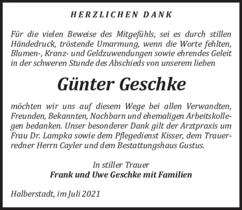  Traueranzeige für Günter Geschke  vom 31.07.2021 aus Magdeburger Volksstimme
