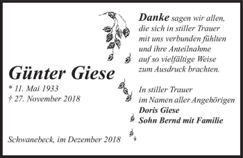Traueranzeige von Günter Giese  von Magdeburger Volksstimme