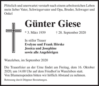 Traueranzeige von Günter Giese  von Magdeburger Volksstimme
