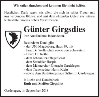 Traueranzeige von Günter Girgsdies  von Magdeburger Volksstimme