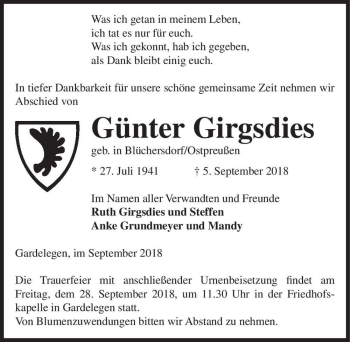 Traueranzeige von Günter Girgsdies  von Magdeburger Volksstimme
