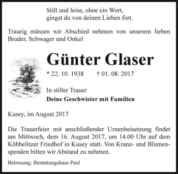 Traueranzeige von Günter Glaser  von Magdeburger Volksstimme