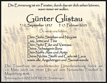 Traueranzeige von Günter Glistau  von Magdeburger Volksstimme