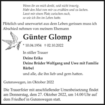 Traueranzeige von Günter Glomp  von Magdeburger Volksstimme