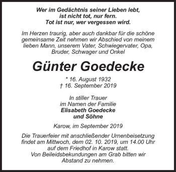 Traueranzeige von Günter Goedecke  von Magdeburger Volksstimme