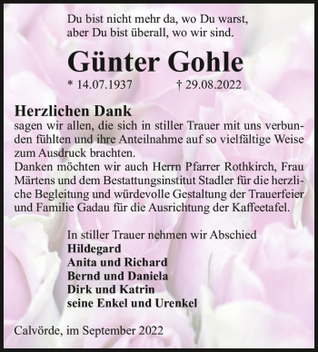 Traueranzeige von Günter Gohle  von Magdeburger Volksstimme