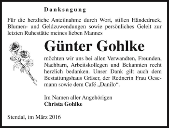 Traueranzeige von Günter Gohlke  von Magdeburger Volksstimme