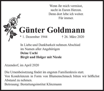 Traueranzeige von Günter Goldmann  von Magdeburger Volksstimme