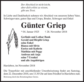 Traueranzeige von Günter Griep  von Magdeburger Volksstimme