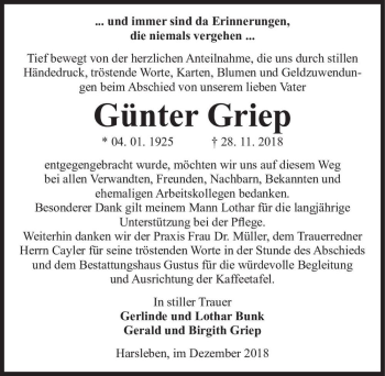 Traueranzeige von Günter Griep  von Magdeburger Volksstimme