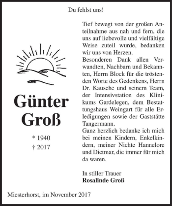 Traueranzeige von Günter Groß  von Magdeburger Volksstimme