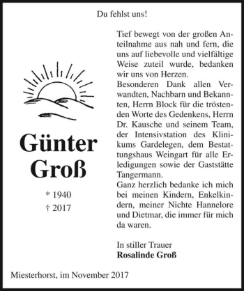 Traueranzeige von Günter Groß  von Magdeburger Volksstimme