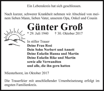 Traueranzeige von Günter Groß  von Magdeburger Volksstimme