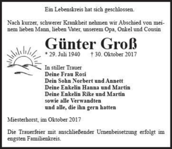 Traueranzeige von Günter Groß  von Magdeburger Volksstimme
