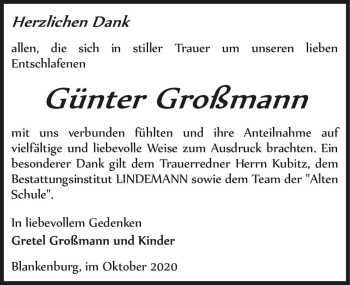 Traueranzeige von Günter Großmann  von Magdeburger Volksstimme