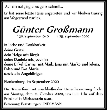 Traueranzeige von Günter Großmann  von Magdeburger Volksstimme
