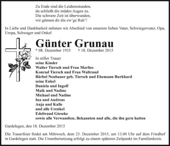 Traueranzeige von Günter Grunau  von Magdeburger Volksstimme