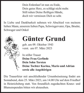 Traueranzeige von Günter Grund  von Magdeburger Volksstimme
