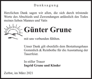 Traueranzeige von Günter Grune  von Magdeburger Volksstimme
