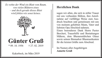 Traueranzeige von Günter Gruß  von Magdeburger Volksstimme