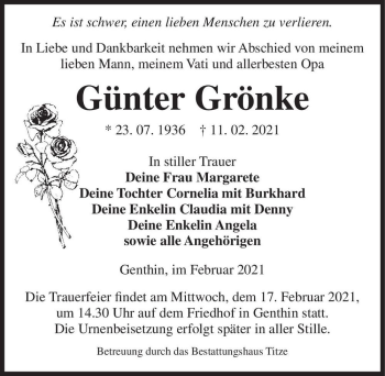 Traueranzeige von Günter Grönke  von Magdeburger Volksstimme
