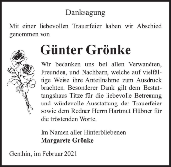 Traueranzeige von Günter Grönke  von Magdeburger Volksstimme
