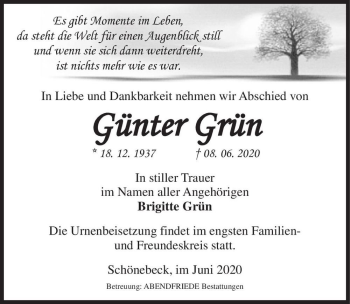 Traueranzeige von Günter Grün  von Magdeburger Volksstimme