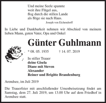Traueranzeige von Günter Guhlmann  von Magdeburger Volksstimme