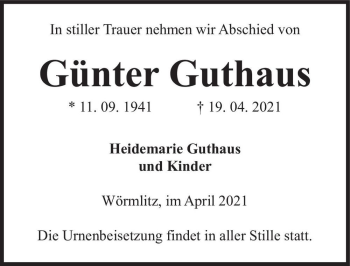 Traueranzeige von Günter Guthaus  von Magdeburger Volksstimme