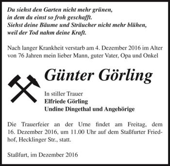 Traueranzeige von Günter Görling  von Magdeburger Volksstimme