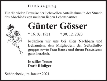 Traueranzeige von Günter Gösser  von Magdeburger Volksstimme