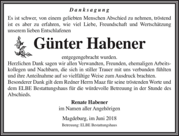 Traueranzeige von Günter Habener  von Magdeburger Volksstimme