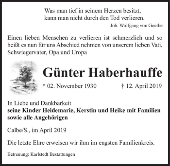 Traueranzeige von Günter Haberhauffe  von Magdeburger Volksstimme