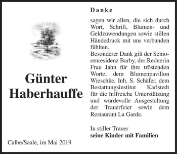 Traueranzeige von Günter Haberhauffe  von Magdeburger Volksstimme