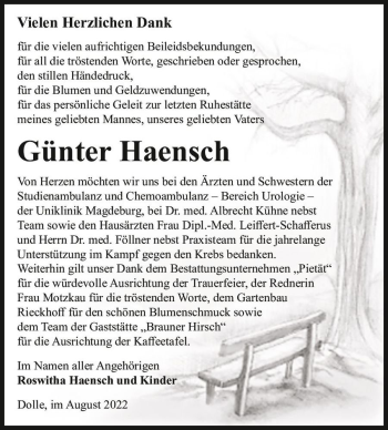 Traueranzeige von Günter Haensch  von Magdeburger Volksstimme