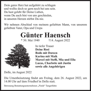 Traueranzeige von Günter Haensch  von Magdeburger Volksstimme