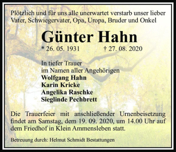 Traueranzeige von Günter Hahn  von Magdeburger Volksstimme