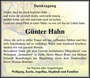 Traueranzeige von Günter Hahn  von Magdeburger Volksstimme