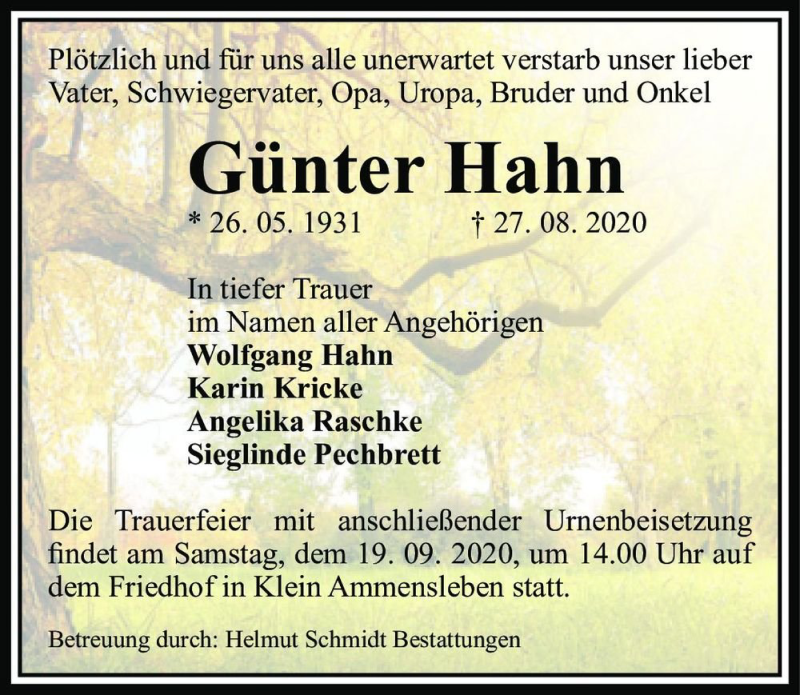  Traueranzeige für Günter Hahn  vom 05.09.2020 aus Magdeburger Volksstimme