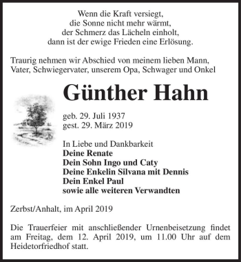 Traueranzeige von Günter Hahn  von Magdeburger Volksstimme