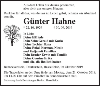 Traueranzeige von Günter Hahne  von Magdeburger Volksstimme