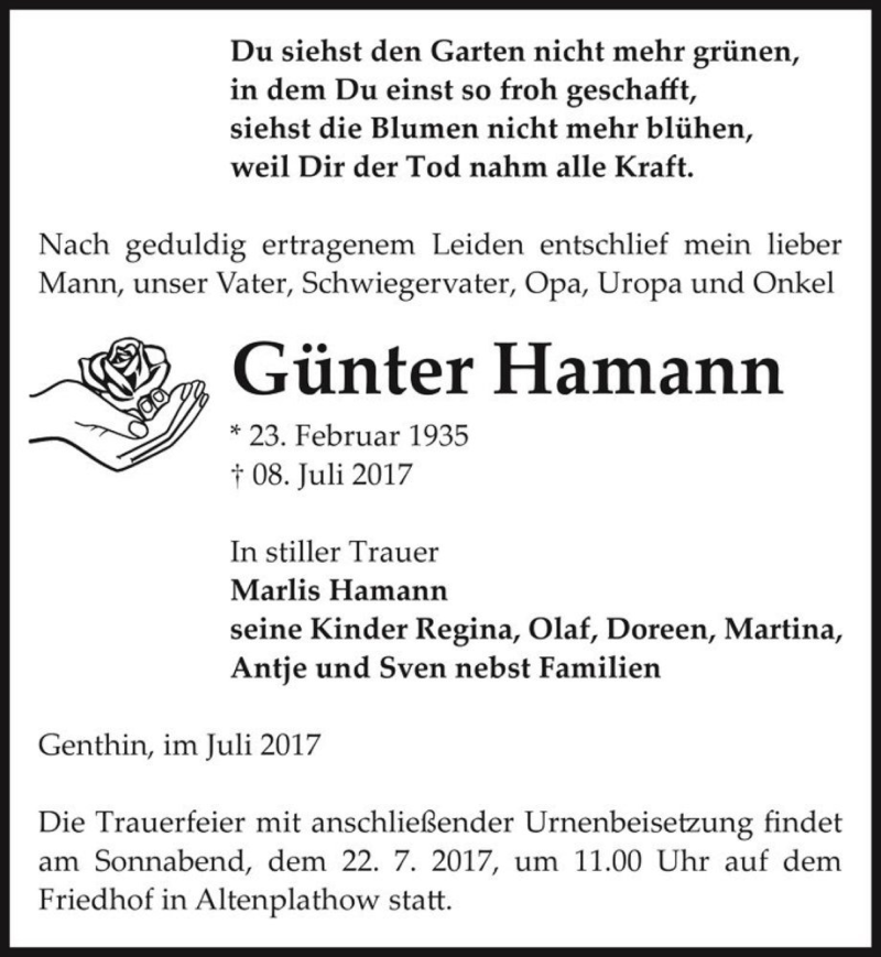  Traueranzeige für Günter Hamann  vom 12.07.2017 aus Magdeburger Volksstimme