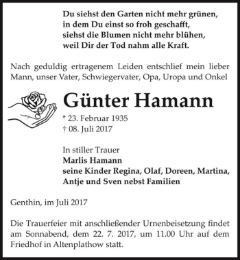 Traueranzeige von Günter Hamann  von Magdeburger Volksstimme