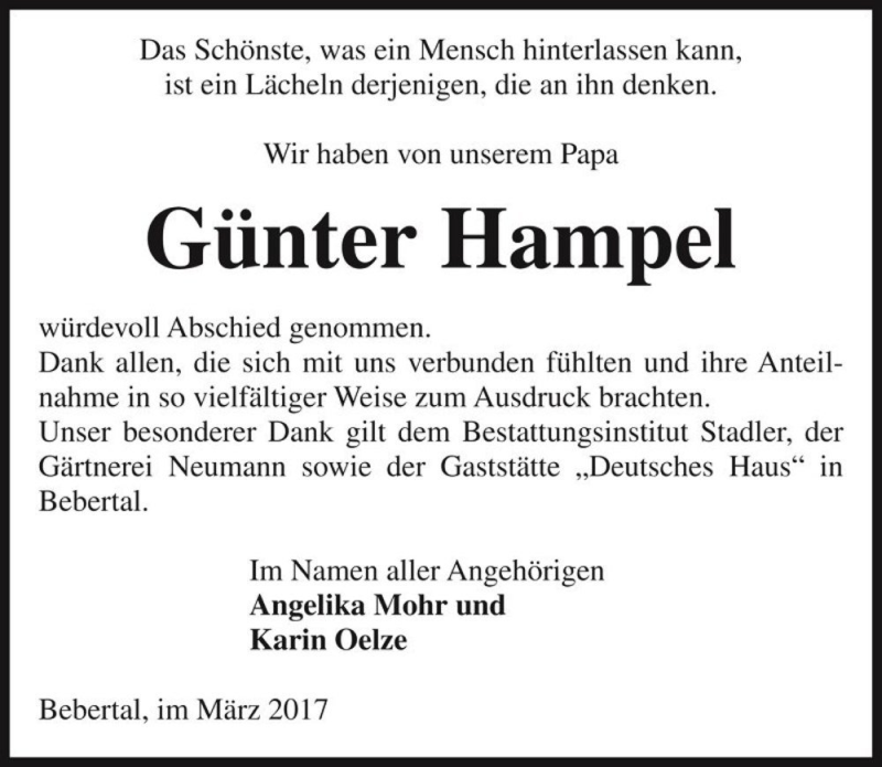  Traueranzeige für Günter Hampel  vom 01.04.2017 aus Magdeburger Volksstimme