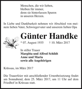 Traueranzeige von Günter Handke  von Magdeburger Volksstimme